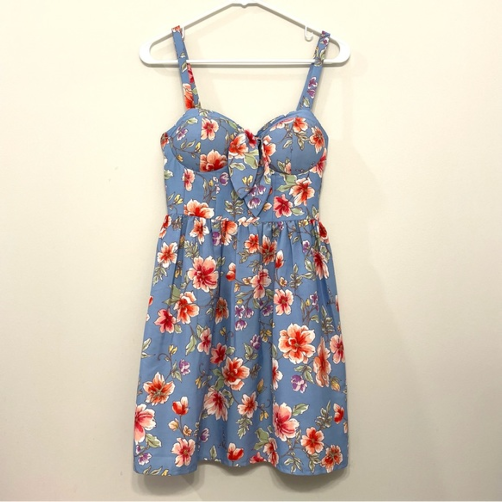 Y2K Summer Dress Milkmaid Mini Blue & Pink Floral Mini Pockets Women’s Size S